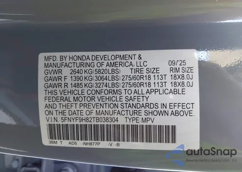 2026 Honda Passport Awd Trailsport Elite/Awd Trailsport Elite Blackout from USA, damaged, VIN 5FNYF9H82TB038304